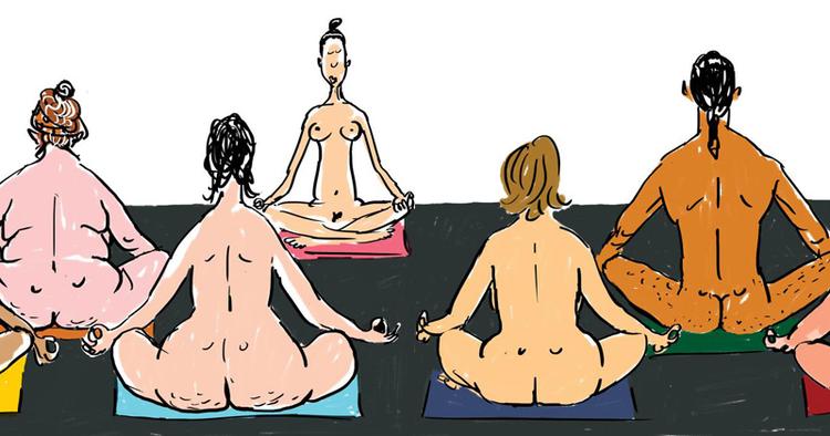 nøgen. Maise njor har forsøgt sig med en omgang nøgen-yoga. Tegning: Mette Dreyer 