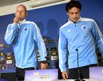 taktik. Ståle Solbakken (tv) og anfører Thomas Delaney til pressemøde før kampen i Parken mod Helsinki. 