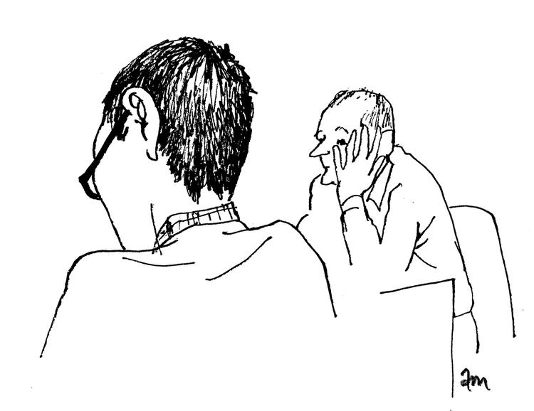 Den unge danske hackertiltalte og hans forsvarer, Michael Juul Eriksen, tegnet i forbindelse med retssagen. 