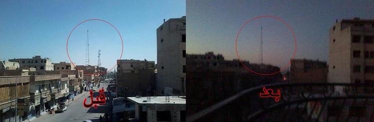 Raqqa før og efter bomberne fra de amerikanske fly. Cirklen viser en sendemast, som blev ramt og ødelagt. Dette bakkes op af billeder fra jorden samt den amerikanske hærs beskrivelse af ramte mål i byen. 