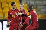 Sejr. FC Nordsjællands Martin Vingaard, Uffe Bech og Patrick Mtiliga jubler efter scoring til 1-0. 