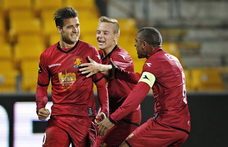 Sejr. FC Nordsjællands Martin Vingaard, Uffe Bech og Patrick Mtiliga jubler efter scoring til 1-0. 