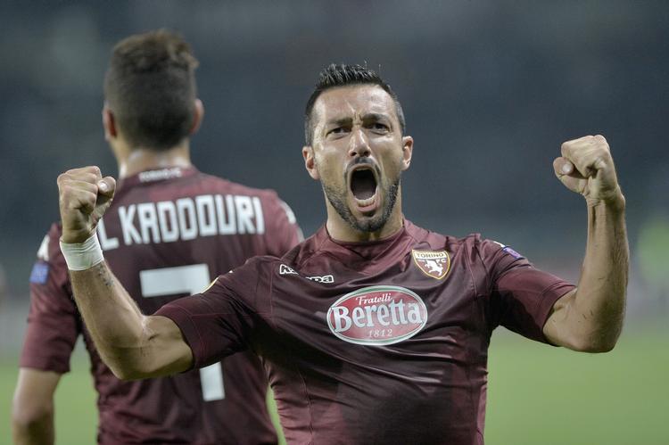Matchvinder. Torinos Fabio Quagliarell jubler efter sin scoring på straffespark dybt inde i dommerens tillægstid, der sikrede Torino en smal 1-0 sejr over FCK. 