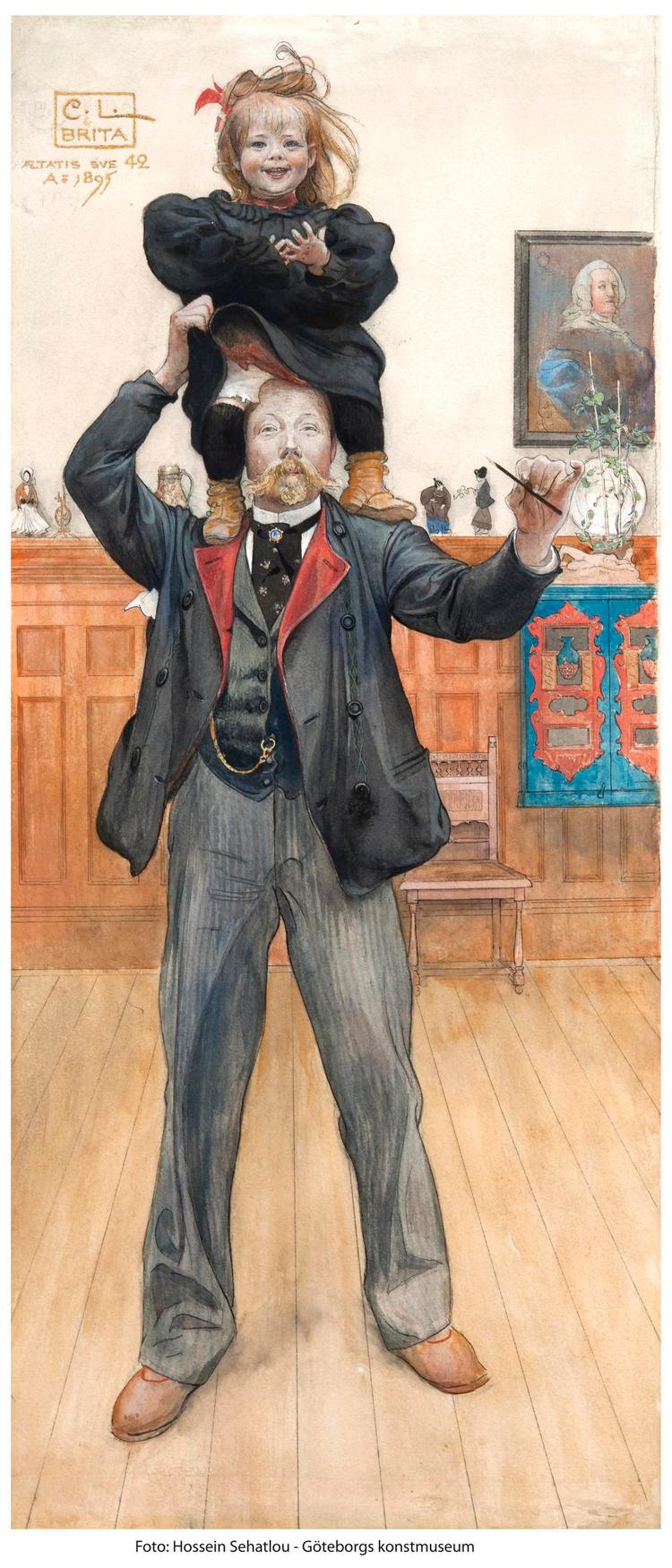 familie. Beskæring af maleriet 'Brita og jeg' fra 1895, hvor far og datter er fanget i storgrinende leg. 