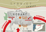 Krig. Islamisk Stat har omringet den syriske grænseby Kobane fra tre sider og gennemfører i øjeblikket angreb ind i byen fra flere sider. Således står stillingerne i Kobane hertil morgen ifølge The Times of London. Grafik: Jens Mørch 