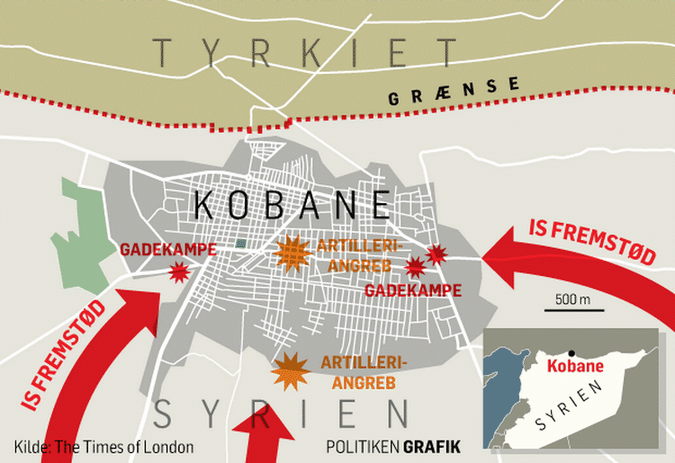 Krig. Islamisk Stat har omringet den syriske grænseby Kobane fra tre sider og gennemfører i øjeblikket angreb ind i byen fra flere sider. Således står stillingerne i Kobane hertil morgen ifølge The Times of London. Grafik: Jens Mørch 