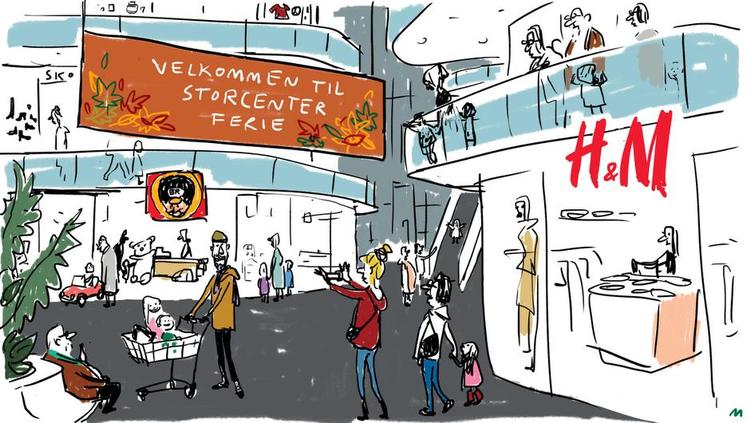 Shoppeferie. Storcentrene lokker familierne til i efterårsferien med aktiviteter for børnene. TEGNING: Mette Dreyer. 