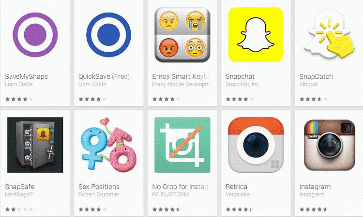fjernet. Google var inde på Google Play og fjerne en række 3. parts apps til Snapchat i januar måned, men siden er der ikke rigtig sket noget, og de omtalte apps, der kan gemme Snapchat-billeder, dukker stadig op i søgninger på Google Play. 