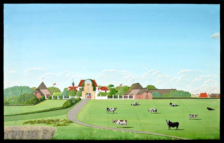 Borgen. I 1847 udførte Rasmus Henrik Kruse denne lidt naive gouache af herregården. Foran den hvide hovedbygning fra 1500-tallet ses det karakteristiske porttårn fra 1788. De jyske stude var godsets økonomiske fundament.