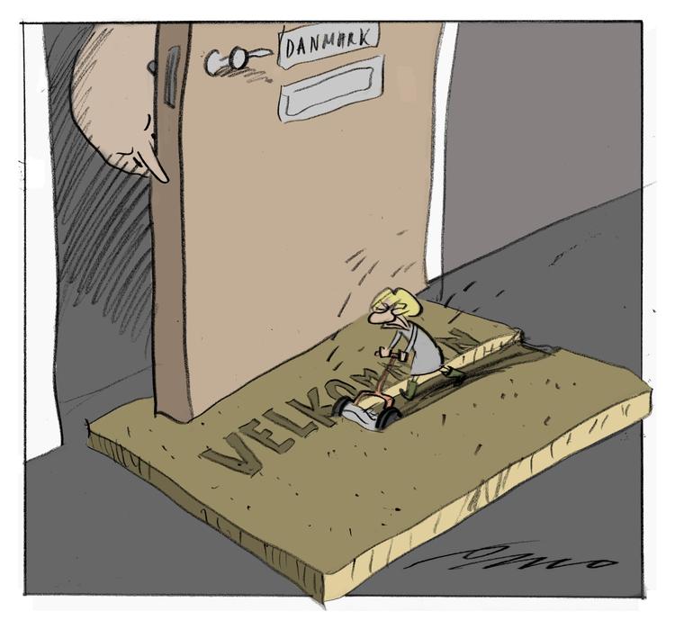 Velkommen? Hvordan får vi grundlæggende menneskelige, universelle værdier til at fylde mere i debatten om flygtninge? Tegning: Per Marquard Otzen 