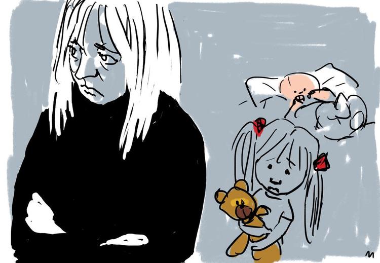 venter. Mens en deprimeret mor venter på hjælp, kan hun ikke overskue sine børn. Tegning: Mette Dreyer 