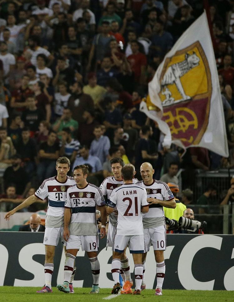 Fest. Bayern-spillede lavede syv af de otte mål i kampen mod Roma. 