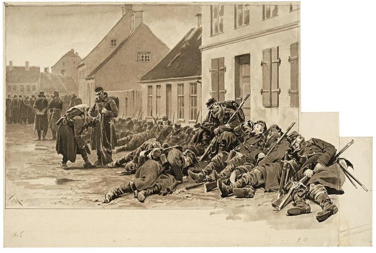 soldater. Frants Henningsen var jævnaldrende med P.S. Krøyer og havde haft de samme lærere, bl.a. Léon Bonnat i Paris. Sandsynligvis gjorde han også, ligesom Krøyer, brug af fotografier. Denne illustration til Rists bog 'En menig 64' af en deling danske soldater, der trætte og udmattede gør ophold, kunne godt tyde på det. Den Hirschsprungske Samling. Illustration: Frants Henningsen 