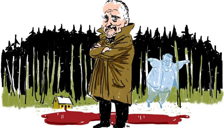 Jussi. Vi læser Jussi Adler-Olsen bl.a. fordi ondskab i trygge velfærdssamfund er spændende og fordi han skruer et godt plot sammen. Tegning: Mette Dreyer 