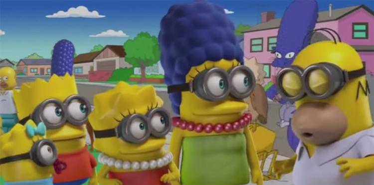 MASH-UP. I en af ugens mest populære videoer dukker The Simpsons op, som var de en del af gruppen af håndlangere (også kaldet 'minions') fra 'Grusomme Mig'-filmene. (Foto: PR/Fox) 