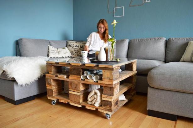 Unikt bord. E-designer Camilla Funch har droppet et traditionelt sofabord til fordel for et hjemmebygget af paller, hjul og en akrylplade for små 200 kr. 