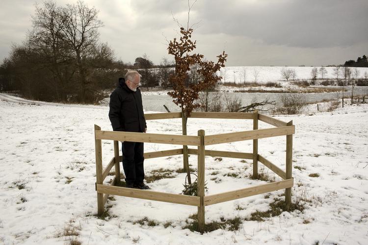 begravelse. Peter A. Nielsen er en af de danskere, der har valgt at begrave et nært familiemedlem hjemme. Han satte for godt tre år sin kones urne ned ude marken og plantede et bøgetræ over graven. (Arkivfoto) 