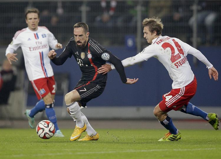 Mål. Ribery (i midten) lukkede kampen definitivt med sin 3-0-scoring ti minutter inde i 2. halvleg. 