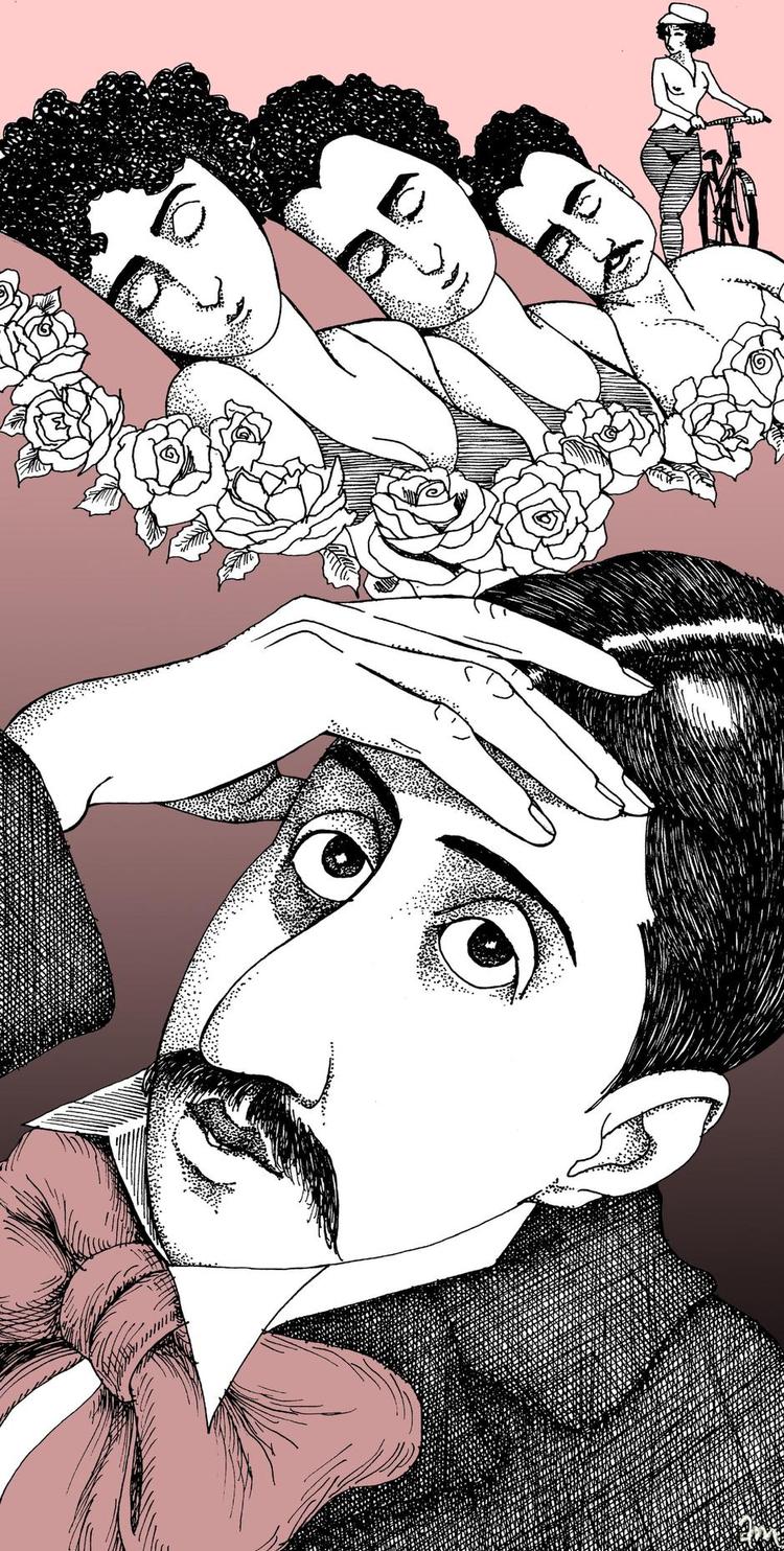 Albertine er en af de unge piger i blomst, som fortælleren møder på stranden i Balbec. Tegning: Anne-Marie Steen Petersen 