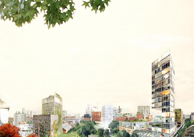 enten. Aarhus i 2050, hvor den grønne omstililng er gennemført fuldstændigt. Vi bor tæt, og byen vokser i højden. Bemærk, at både tagene og vejene er helt grønne - og der er ingen biler.  Illustration: Sleth Arkitekter og WE architecture. 