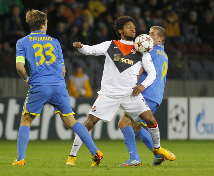 topscorer.  Shakhtars Luiz Adriano (midt) har scoret mål på samlebånd i Champions League. Og det er især gået ud over Borisov. 