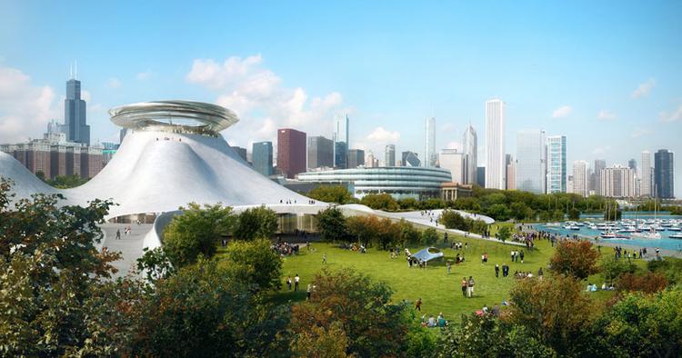 Model. Sådan kommer museet The Lucas Museum of Narrative Art til at se ud. Det vil ligge i Chicago og bl.a. indeholde George Lucas' private kunstsamling. Den Beijing-baserede tegnestue MAD Architects skal designe bygningen. 