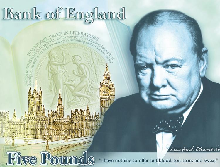 gammel. Bank of England, også kaldet 'The Old Lady of Threadneedle Street', blev stiftet i 1694. Her pryder Winston Churchill 5 pund-sedlen. 