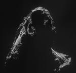 Kometen 67P/Churyumov-Gerasimenko set 33,4 kilometer fra kometens midte. I denne skala svarer billedets bredde ca til 4,1 km X 4,1 km på kometens overflade. 