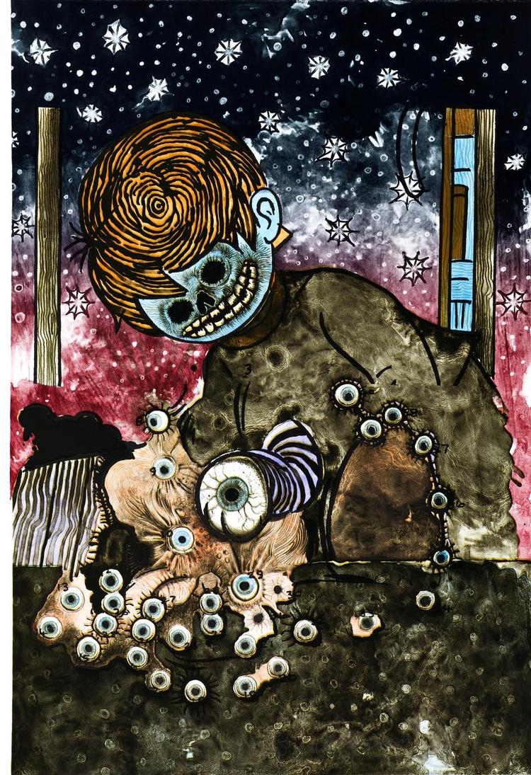 Undergang. I farvelitografiet med den næsten umulige titel 'The Lisper Lisps, the Stutterer Stutters, the Dyslexic Disleksiks VI' har bdr. Jake og Dinos Chapman samlet et typisk univers af død, ødelæggelse og undergang. 