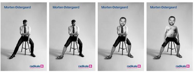 Afklædt. De radikales nye kampagne skal vise at partiet kerer sig om mennesker. Det har man valgt at illustrere blandt andet ved at vise partiformand Morten Østergaard i færd med at aflæde sig. Bagsiden har her hjulpet økonomi- og indenrigsministeren på vej. Foto: De radikale Manipulation: Philip Ytuornel 