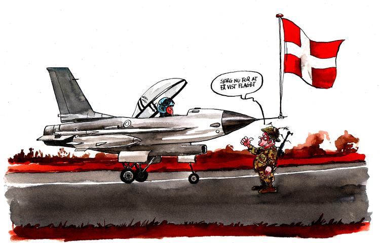 Militært. Danmark deltager i Libyen-krigen med seks fly. Tegning: Roald Als 