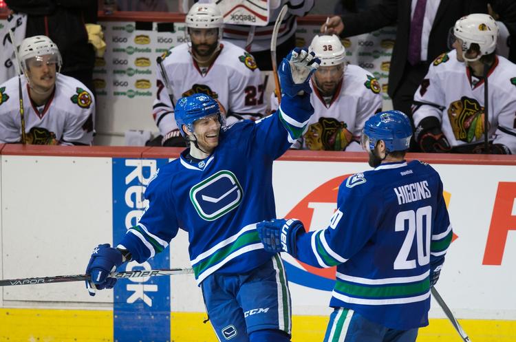 Hattrick. Jannik Hansen (tv) er nu oppe på 71 scoringer i 467 NHL-kampe. 