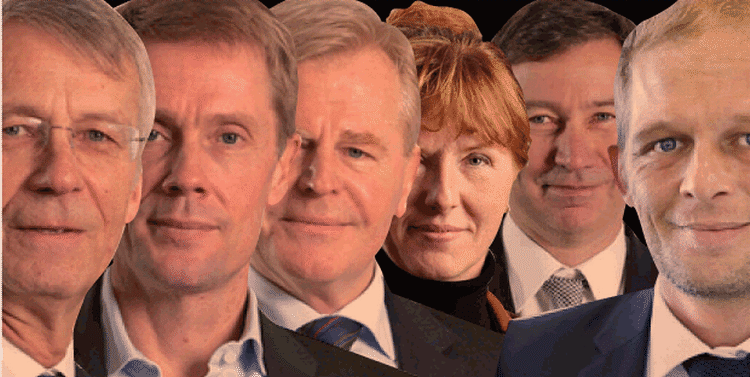 Hovedpersonerne. Siden OW Bunkers konkursbegæring har det været småt med udmeldingerne fra ledelsen og bestyrelsen. Fra venstre er det Jakob Brogaard, Søren Johansen, Niels Henrik Jensen, Jane Dahl Christensen, Jim Pedersen og Lars Møller. 