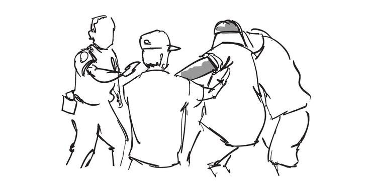 Tegning efter videoen af tre betjente, der hiver fat i Garner (nummer to fra højre). Grafik: Morten Fogde 