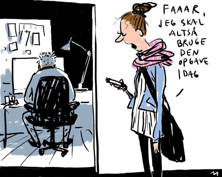 Reform. Peter Leineweber har et konkret forslag til en forbedring af gymnasiet: »Nedlæg AT-eksamen. Før de fleste timer tilbage til fagene igen og styrk fagligheden. Afslut SRP med et mundtligt forsvar for den opgave, som eleven selv har skrevet«. Tegning: Mette Dreyer 