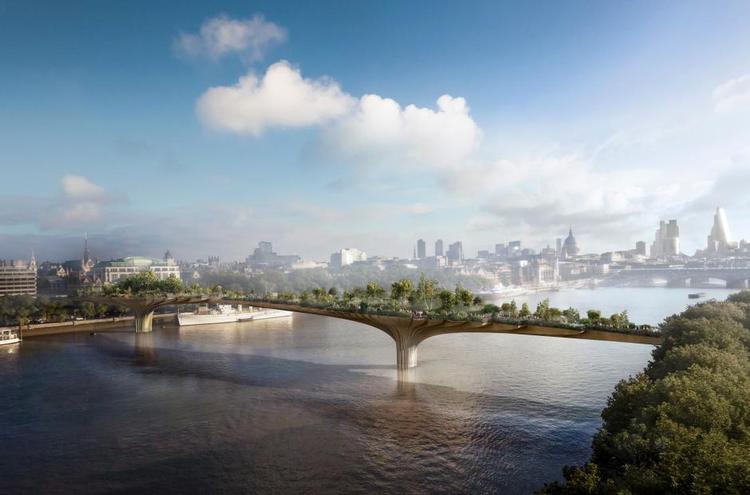 grøn. Den kommende Garden Bridge spænder over Themsen i London. Den skal også ses som en ny park i storbyen. 