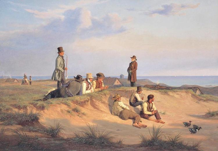 Sandet. Rørbye var i Skagen i 1848, længe før de rigtige skagensmalere. Her har han skildret de mandlige skagboer, der holder hvil en sommeraften. 