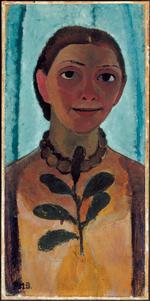 Selvportræt. Selvfremstillingen blev et af Paula Modersohn-Beckers gennemgående motiver - så vidt vides var hun den første kvinde, der malede sig selv nøgen. På dette 'Selvportræt med kameliagren' (1906-07), der tilhører Museum Folkwang i Essen, har hun dog beholdt tøjet på. 