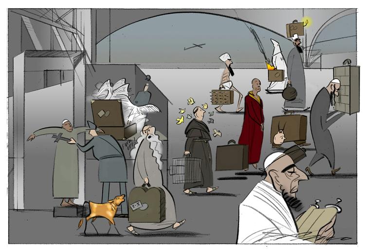 Religion. Der findes over 100 godkendte og anerkendte trossamfund i Danmark. Tegning: Per Marquard Otzen 