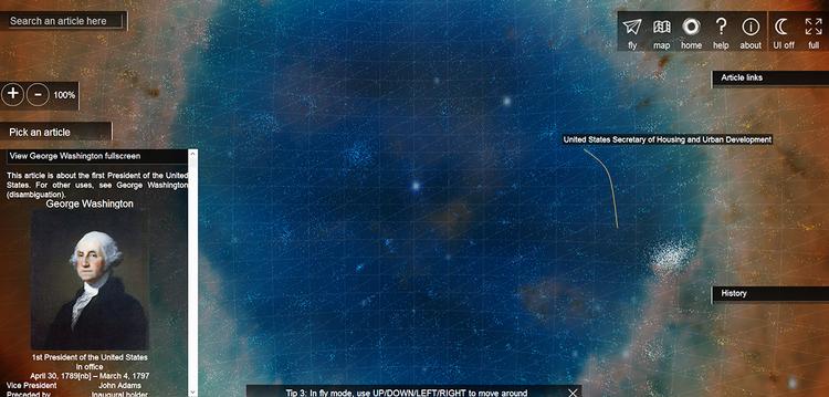 OPLYST. Wikipedia bliver en visuel fornøjelse, når man suser rundt i WikiGalaxys informationsgalakse. (Foto: Screendump) 