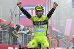 dopet. Mauro Santambrogio fejrer sejren på den uvejrshærgede 14. etape af Giro d'Italia. 