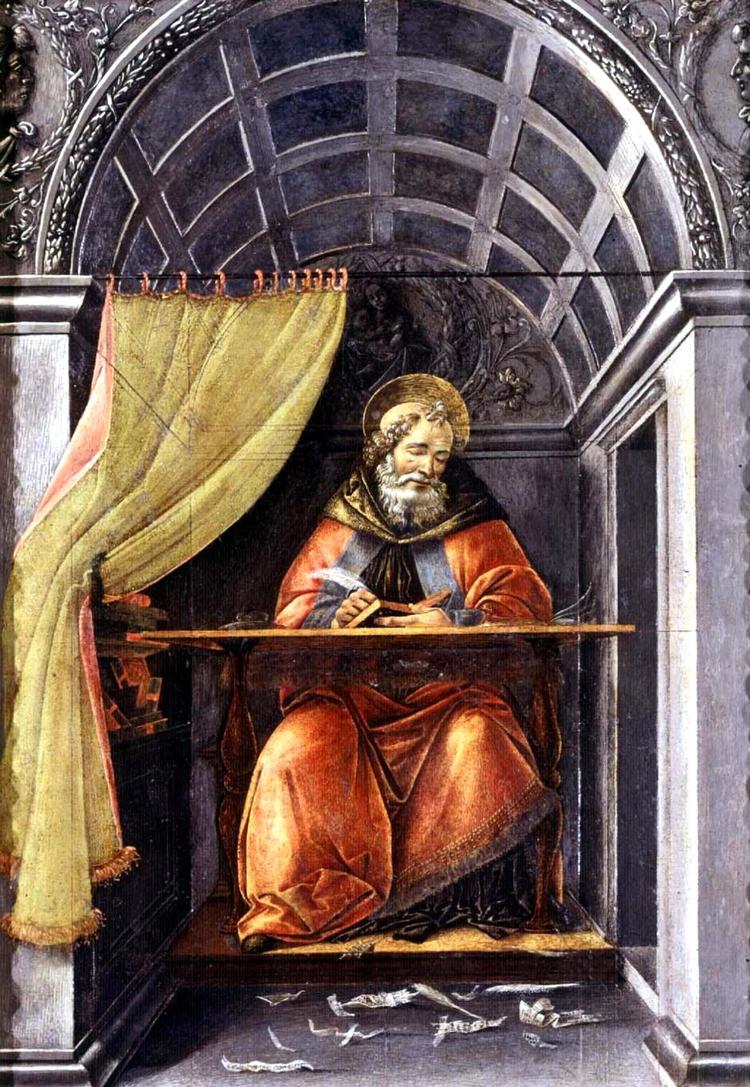 flittig. Den hellige Augustin skrev og skrev. Det gør kirkens faste søndagstalere stadigvæk. Maleriet er malet af Botticelli. 