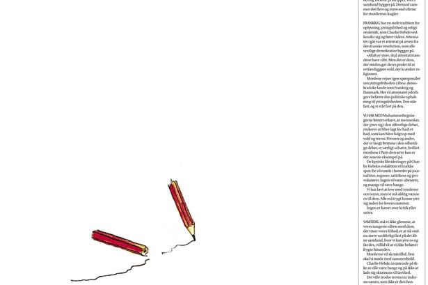 Politiken han overladt forsiden til avisens mangeårige tegner Roald Als. Hans tegning viser en rød blyant, der skriver på et stykke papir. Midtvejs i teksten knækker blyanten i to, der opstår en kort pause, men så fortsætter den ene halvdel af blyanten med at skrive videre. 