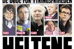 Ekstra Bladet har trykt seks billeder af redaktører og tegnere fra Charlie Hebdo. Billederne står over de sorte versaler med teksten 'HELTENE'. 