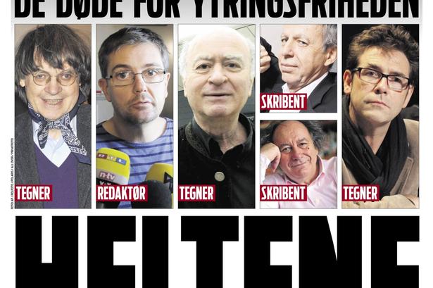 Ekstra Bladet har trykt seks billeder af redaktører og tegnere fra Charlie Hebdo. Billederne står over de sorte versaler med teksten 'HELTENE'. 