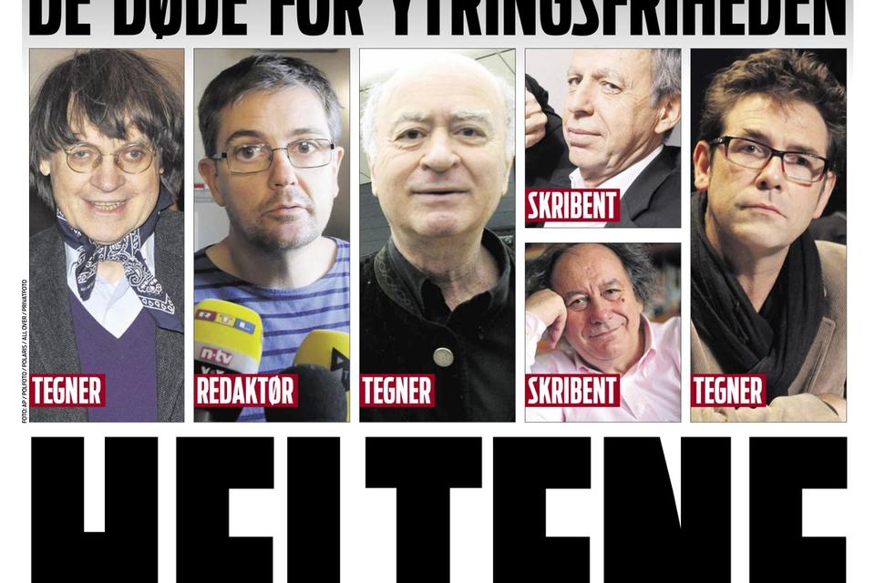 Ekstra Bladet har trykt seks billeder af redaktører og tegnere fra Charlie Hebdo. Billederne står over de sorte versaler med teksten 'HELTENE'. 