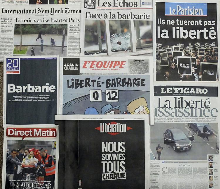 Forsider. Franske medier dagen derpå - aviserne mindes de terrordræbte kolleger på Charlie Hebdo. 