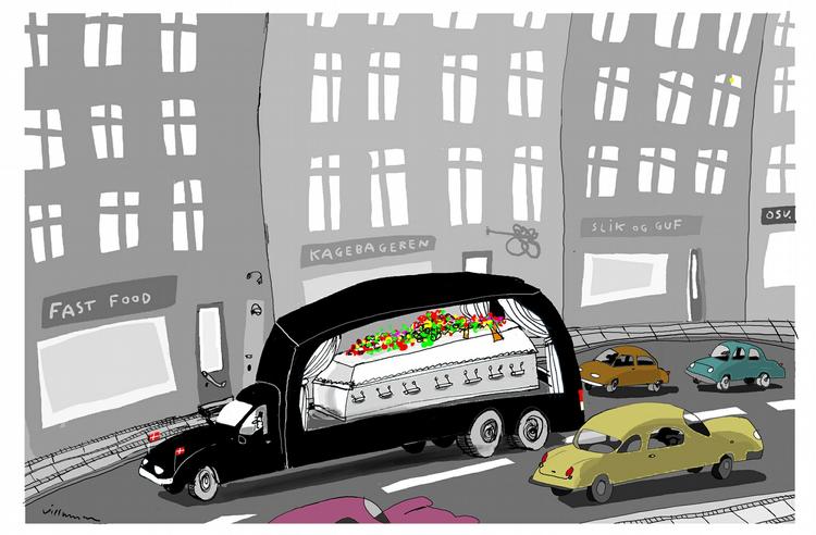 Fedme. Ca. 30 procent af Jordens befolkning er overvægtige eller fede (2,5 gange flere, end der er underernærede jordboere!). Tegning: Jørn Villumsen 