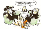 Satire. Det ny Charlie Hebdo holder sig ikke tilbage. Her ses en rabbiner, imam og præst med fødderne på en kvinde. '»Når det kommer til stykket, er vi enige om det hele'«, står der i taleboblen. 