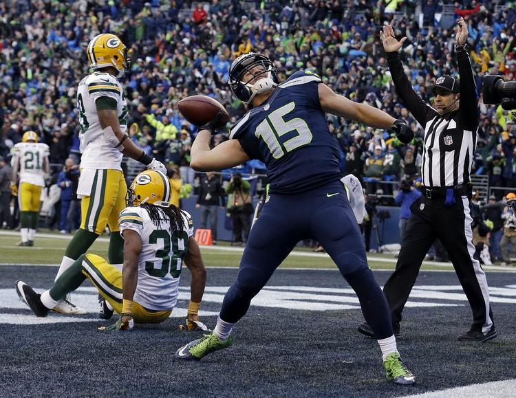 Triumf. Seattle Seahawks' Jermaine Kearse fejrer sin afgørende touchdown. 
